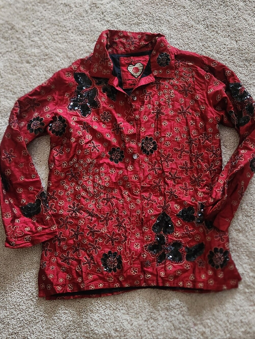 Chico’s Anniversary Collection 100% Silk Heavily Beaded Red Jacket Shirt Sequins